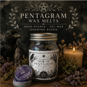 Pentagram soy wax melts in a glass jar with 12 hand poured purple wax melts by Roaming Raven