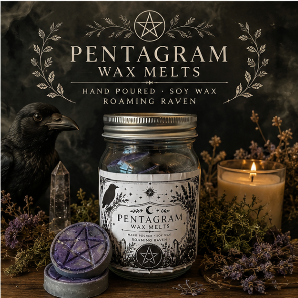 Pentagram soy wax melts in a glass jar with 12 hand poured purple wax melts by Roaming Raven