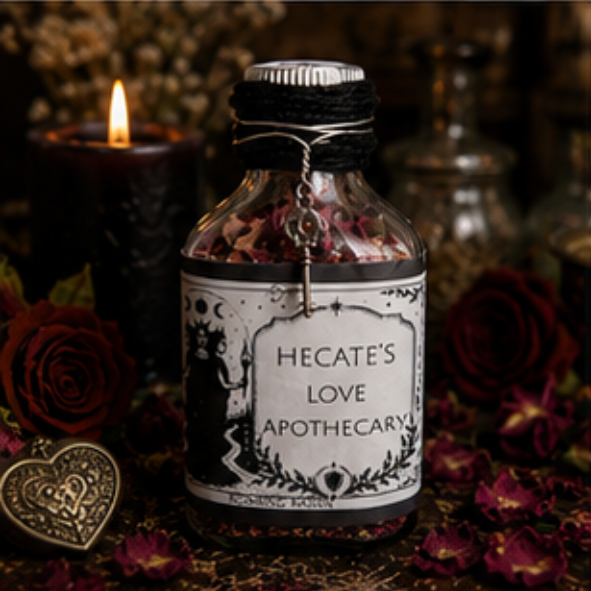Hecate's Love Apothecary herbal love blend in a glass bottle with botanical ingredients and charm by Roaming Raven