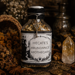 Hecate's Abundance Apothecary herbal abundance blend in a glass bottle with botanical ingredients and charm by Roaming Raven