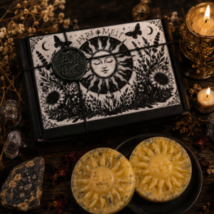 Handcrafted beeswax sun wax melts with dried botanicals in a gift box by Roaming Raven