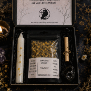Chamomile Spell Kit with dried Chamomile flowers, Black Obsidian crystal, ritual candle and spell scroll for peace, protection and emotional balance by Roaming Raven