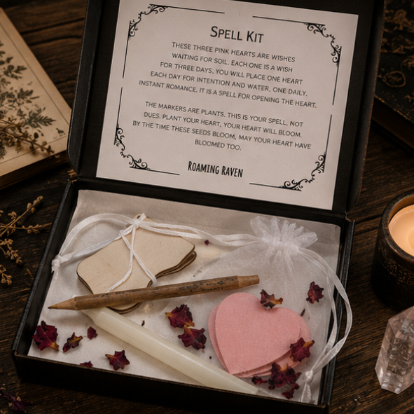 Love Spell Kit with wishing hearts, ritual candle, seed markers and love ritual for romance, self-love and intention setting by Roaming Raven