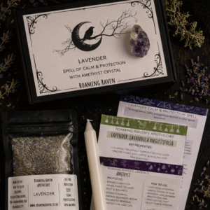 Lavender Spell Kit with dried lavender, Amethyst crystal, ritual candle and spell guide for calm, protection and relaxation by Roaming Raven