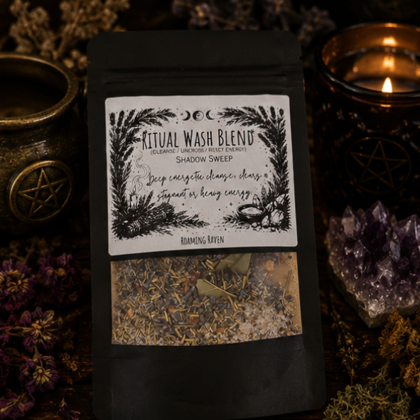 Shadow Sweep Ritual Wash Blend with herbs and mineral salts for spiritual cleansing, floor washes and ritual baths by Roaming Raven