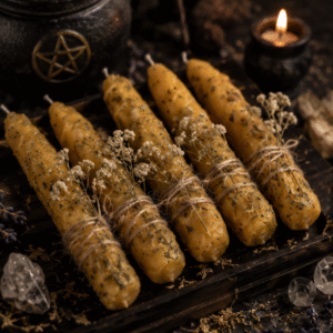 Hand-rolled beeswax ritual candles infused with herbs and botanicals, tied with dried flowers, handcrafted by Roaming Raven
