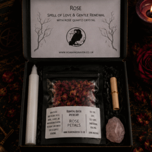 Rose Spell Kit with dried rose petals, rose quartz crystal, ritual candle and spell scroll for love and self-love rituals by Roaming Raven