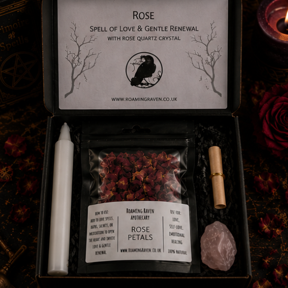 Rose Spell Kit with dried rose petals, rose quartz crystal, ritual candle and spell scroll for love and self-love rituals by Roaming Raven