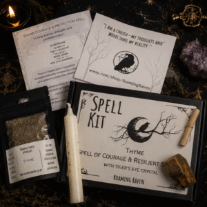 Thyme Spell Kit with dried thyme, Tiger's Eye crystal, ritual candle and spell scroll for courage, resilience and confidence by Roaming Raven
