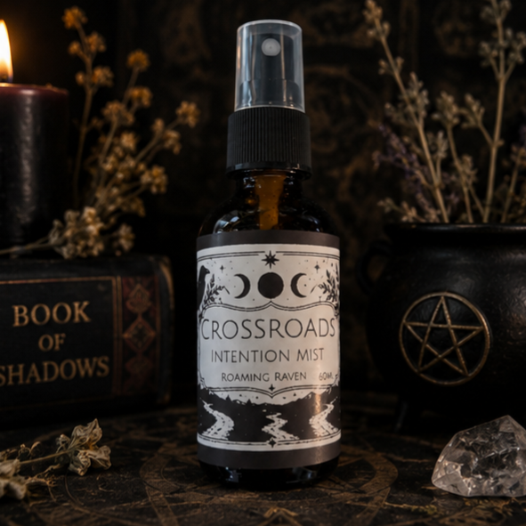 Crossroads Intention Mist with cedarwood, lavender and rosemary essential oils for grounding, protection and spiritual guidance by Roaming Raven