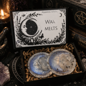 Handcrafted beeswax moon wax melts gift set featuring celestial moon and star designs in a presentation box by Roaming Raven