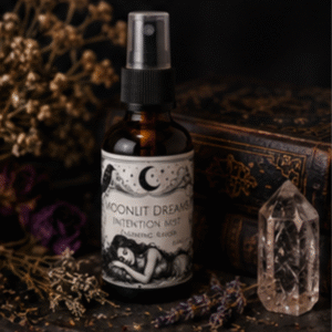 Moonlit Dreams intention mist handcrafted with Lavender, Clary Sage and Cedarwood essential oils in an amber glass spray bottle by Roaming Raven