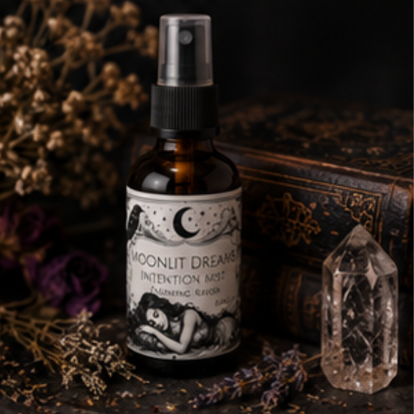 Moonlit Dreams intention mist handcrafted with Lavender, Clary Sage and Cedarwood essential oils in an amber glass spray bottle by Roaming Raven