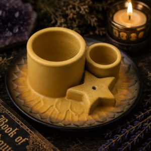 Ceramic incense burner and candle holder with star incense holder in mustard yellow by Roaming Raven