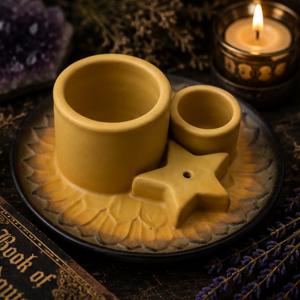 Ceramic incense burner and candle holder with star incense holder in mustard yellow by Roaming Raven