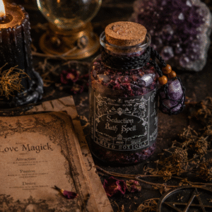 Seduction Bath Spell botanical bath soak in corked glass apothecary bottle with amethyst crystal charm by Roaming Raven