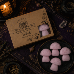 Six pack of handmade pink mushroom soy wax melts in kraft gift box by Roaming Raven