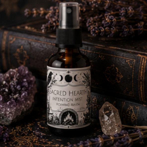 Sacred Hearth intention mist handcrafted with essential oils in an amber glass spray bottle by Roaming Raven