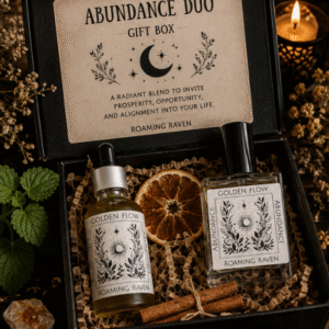 Abundance Duo gift box with Golden Flow ritual oil and abundance perfume by Roaming Raven