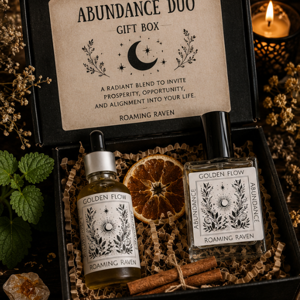Abundance Duo gift box with Golden Flow ritual oil and abundance perfume by Roaming Raven