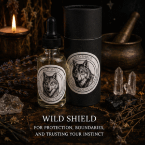 Wild Shield protection ritual oil with wolf design in glass dropper bottle and gift tube by Roaming Raven