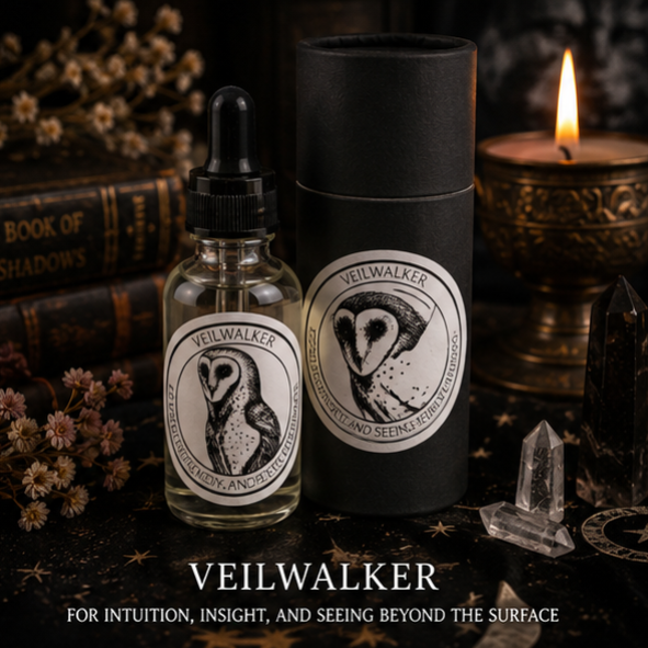 Veilwalker intuition ritual oil with owl spirit design in glass dropper bottle and gift tube by Roaming Raven
