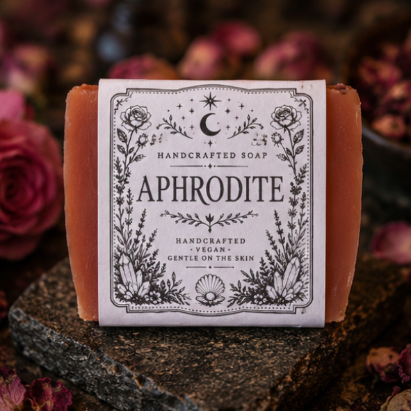 Handmade Aphrodite rose and vanilla vegan soap by Roaming Raven displayed with dried roses on a witchy altar