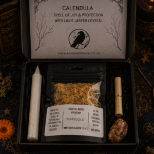 Calendula Spell Kit with dried Calendula flowers, Light Jasper crystal, ritual candle and spell scroll for joy, protection and positive energy by Roaming Raven