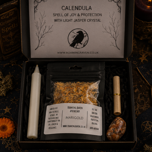 Calendula Spell Kit with dried Calendula flowers, Light Jasper crystal, ritual candle and spell scroll for joy, protection and positive energy by Roaming Raven