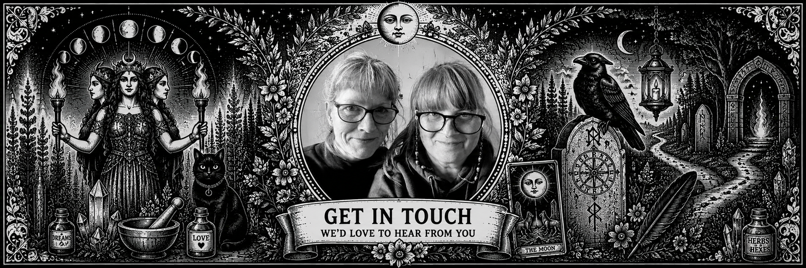 Get in Touch banner for Roaming Raven featuring witchcraft, folklore and magical imagery inviting customers to contact the Roaming Raven team