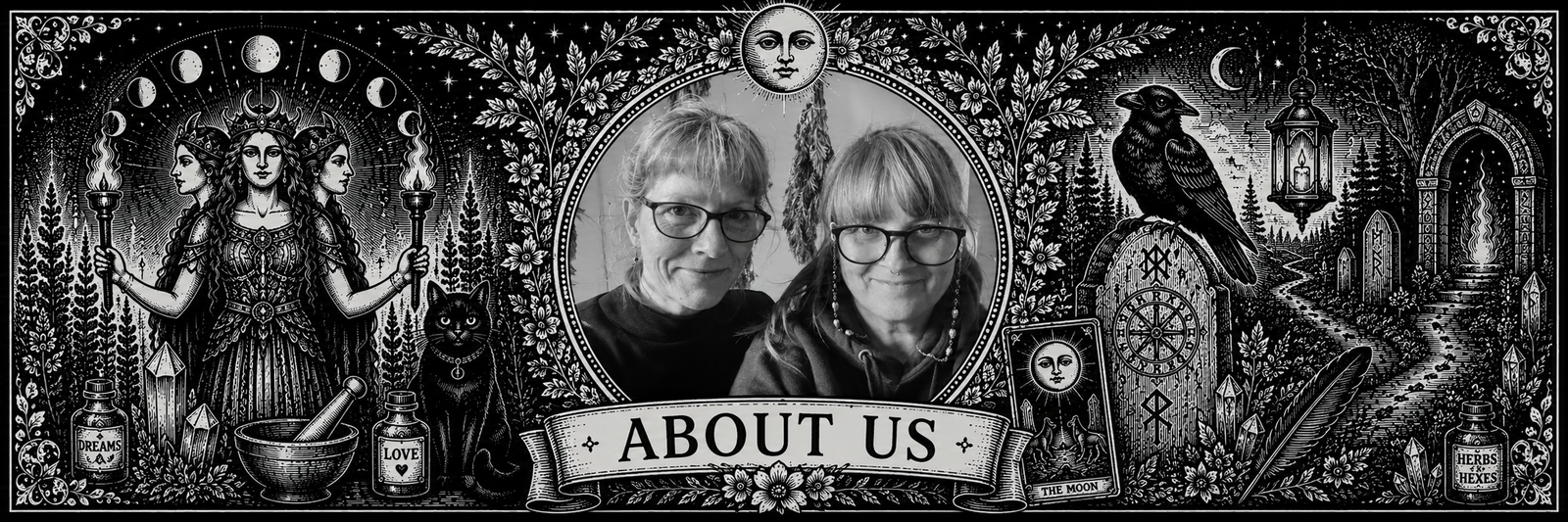 About Us banner for Roaming Raven featuring the founders surrounded by witchcraft, folklore and nature-inspired artwork
