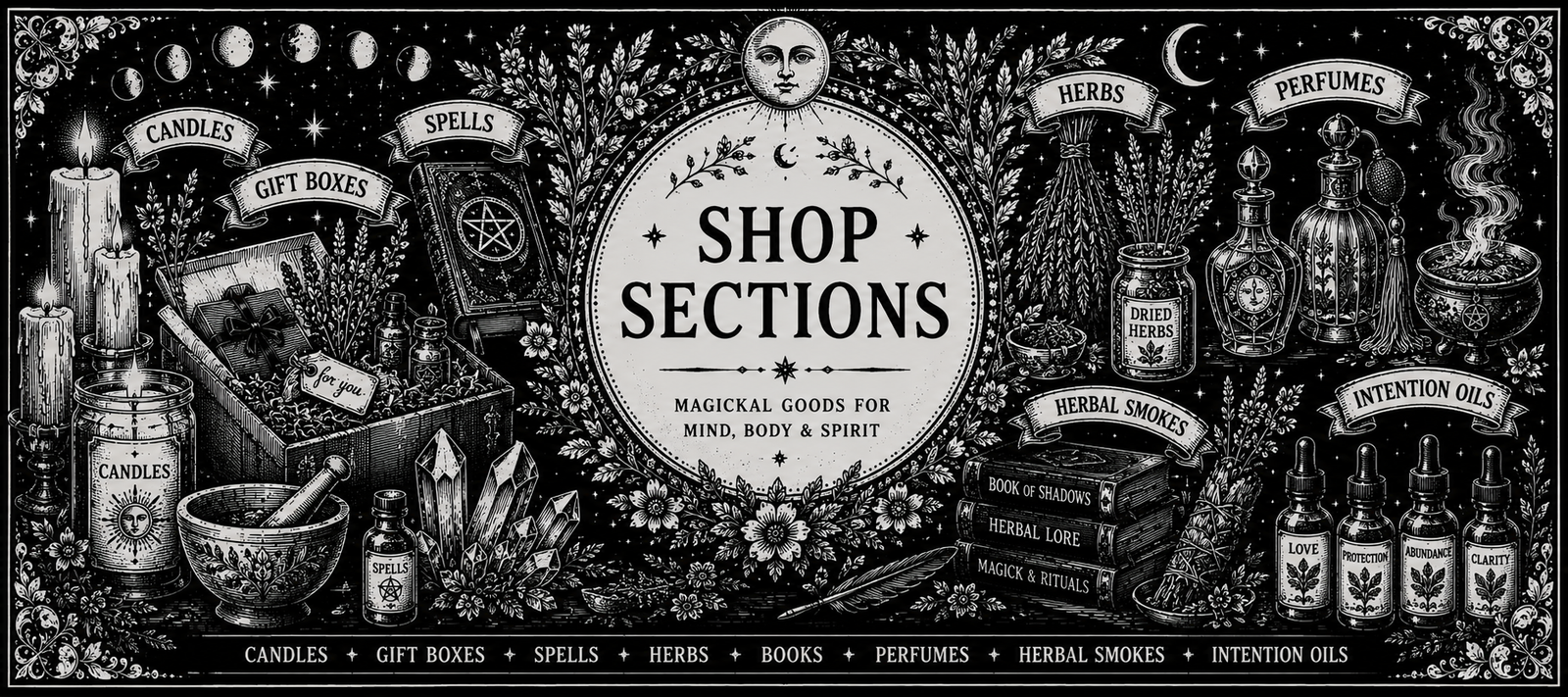 Shop Sections banner by Roaming Raven featuring handcrafted witchcraft supplies including candles, herbs, spells, gift boxes, perfumes, herbal smokes and intention oils