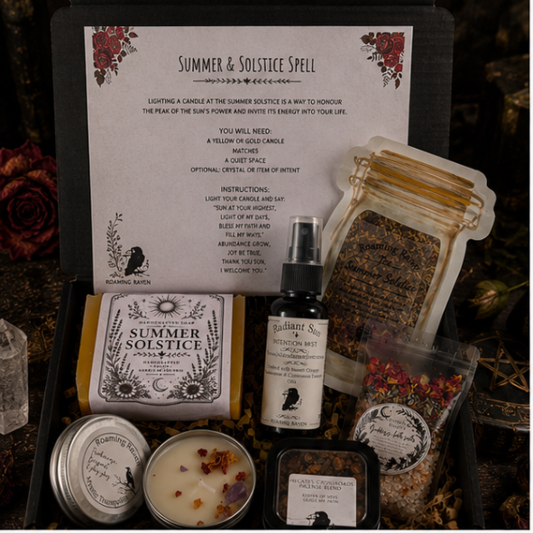 Summer Solstice ritual gift box with spell kit, intention mist, candle, bath salts and magical self-care gifts by Roaming Raven