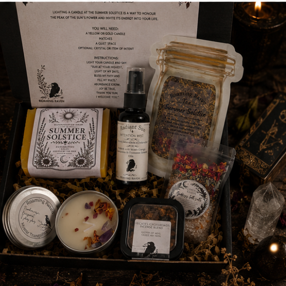Summer Solstice ritual gift box with spell kit, intention mist, candle, bath salts and magical self-care gifts by Roaming Raven