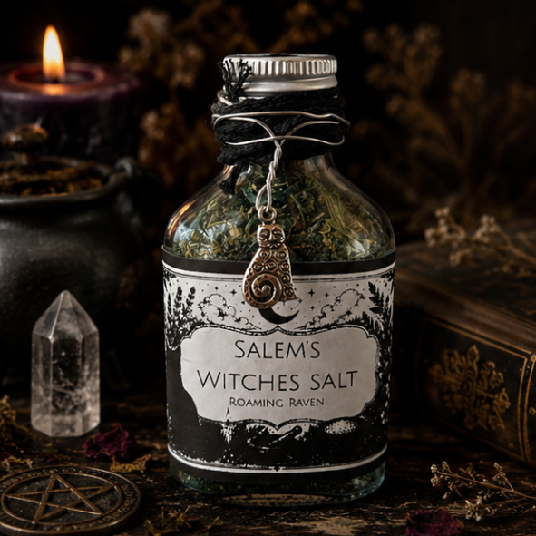Salem Witches Salt ritual herb blend in glass apothecary bottle with witch charm by Roaming Raven
