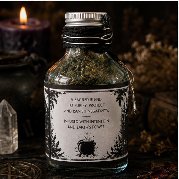 Salem Witches Salt ritual herb blend in glass apothecary bottle with witch charm by Roaming Raven