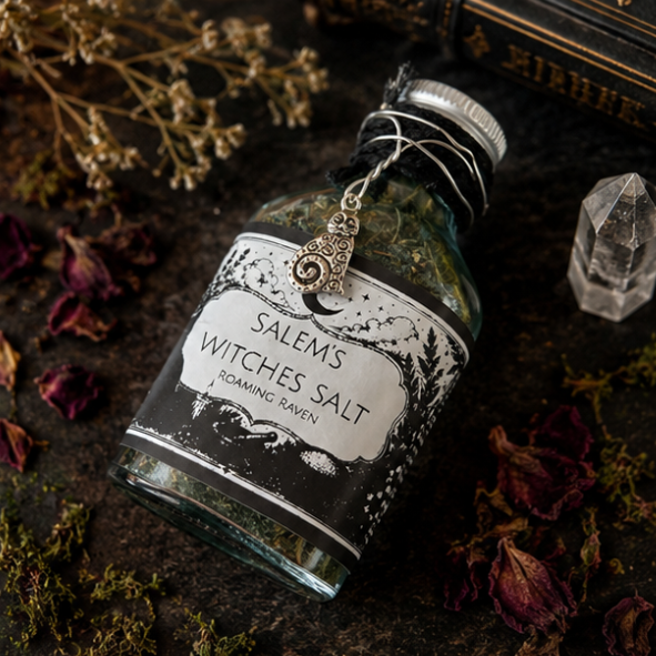Salem Witches Salt ritual herb blend in glass apothecary bottle with witch charm by Roaming Raven
