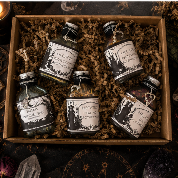 Hecate-inspired witchcraft gift box with protection, abundance, healing and love spell bottles plus Salem Witches Salt by Roaming Raven