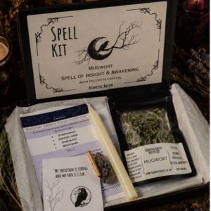 Mugwort Spell Kit with dried mugwort, celestite crystal, spell candle and ritual instructions by Roaming Raven