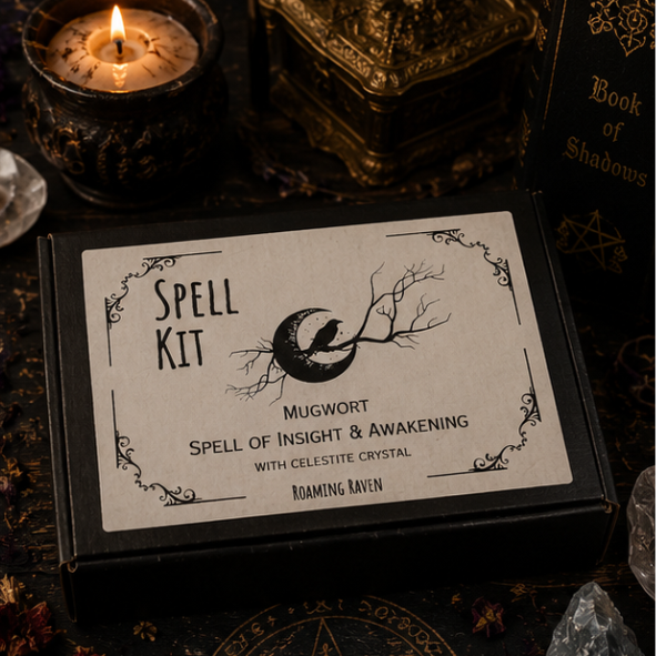Mugwort Spell Kit with dried mugwort, celestite crystal, spell candle and ritual instructions by Roaming Raven