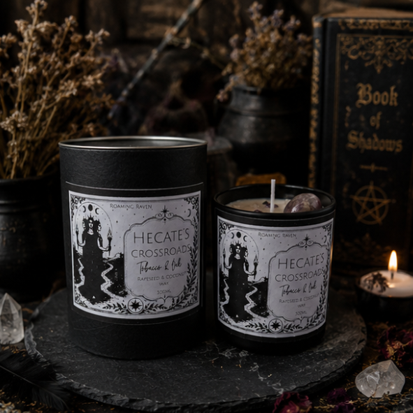 Hecate's Crossroads Tobacco & Oak crystal candle with amethyst moon and crystals on a witchy altar by Roaming Raven