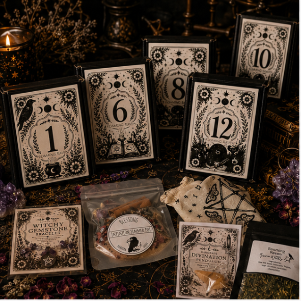 12 Day Witchy Advent Calendar gift box with handmade spell kit, incense, herbs, oracle cards, tea, crystals and ritual tools by Roaming Raven