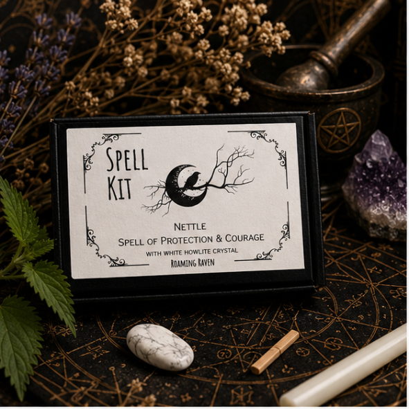 Nettle Protection and Courage Spell Kit by Roaming Raven with candle, white howlite crystal, dried nettle leaves, herb pouch and ritual cards on a dark witchy altar.
