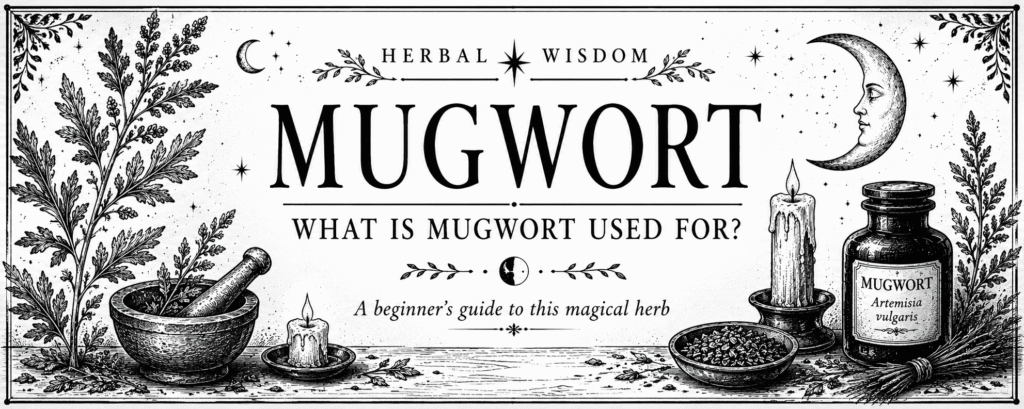 Vintage black and white mugwort herbal wisdom banner featuring mugwort botanical illustration, apothecary jar, candle and moon for a beginner's guide to mugwort.