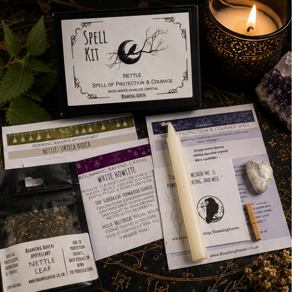 Nettle Protection and Courage Spell Kit by Roaming Raven with candle, white howlite crystal, dried nettle leaves, herb pouch and ritual cards on a dark witchy altar.