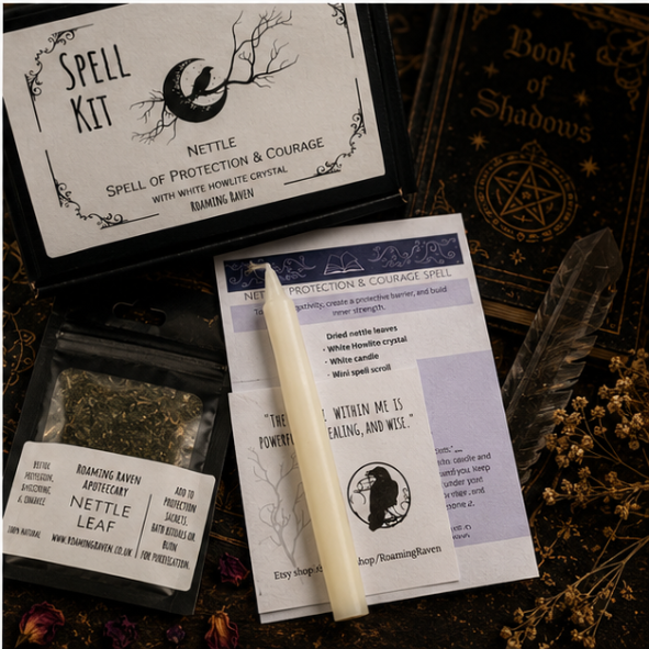 Nettle Protection and Courage Spell Kit by Roaming Raven with candle, white howlite crystal, dried nettle leaves, herb pouch and ritual cards on a dark witchy altar.