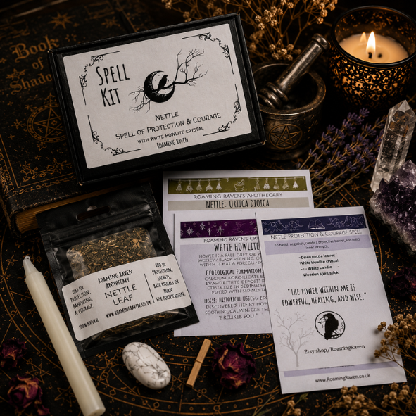 Nettle Protection and Courage Spell Kit by Roaming Raven with candle, white howlite crystal, dried nettle leaves, herb pouch and ritual cards on a dark witchy altar.