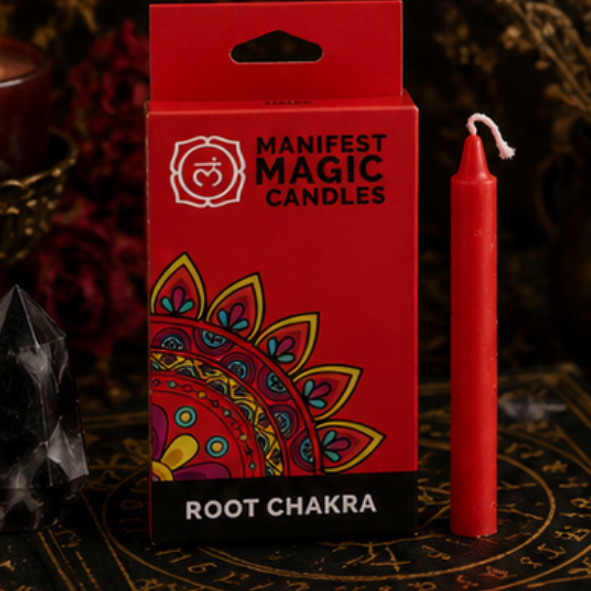 Red Root Chakra Manifest Magic spell candle displayed on a mystical altar with crystals, dried herbs and candlelight.
