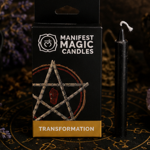 Black Transformation Manifest Magic candle gift box with matching black spell candle on a witchcraft altar.