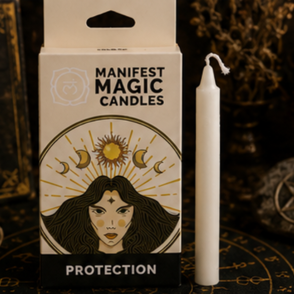 White Protection Manifest Magic candle with matching white spell candle surrounded by crystals and witchy altar decorations.